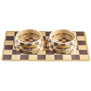 Chewy Vuiton Checker Dog bowls and placemat